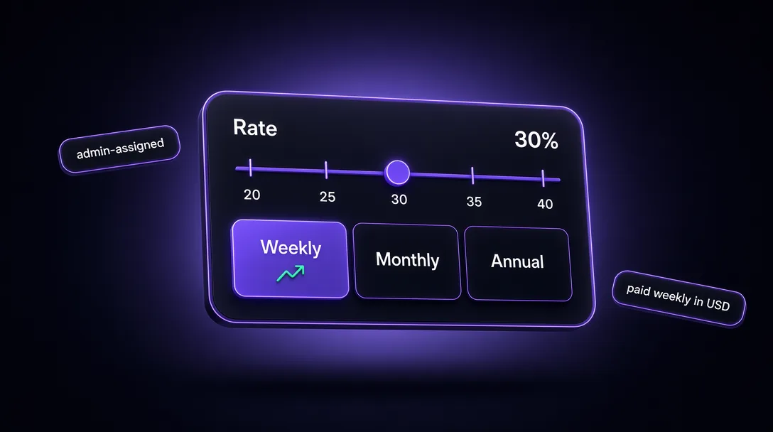 Deep Poker agent earnings dashboard showing commission rate slider and weekly income projection
