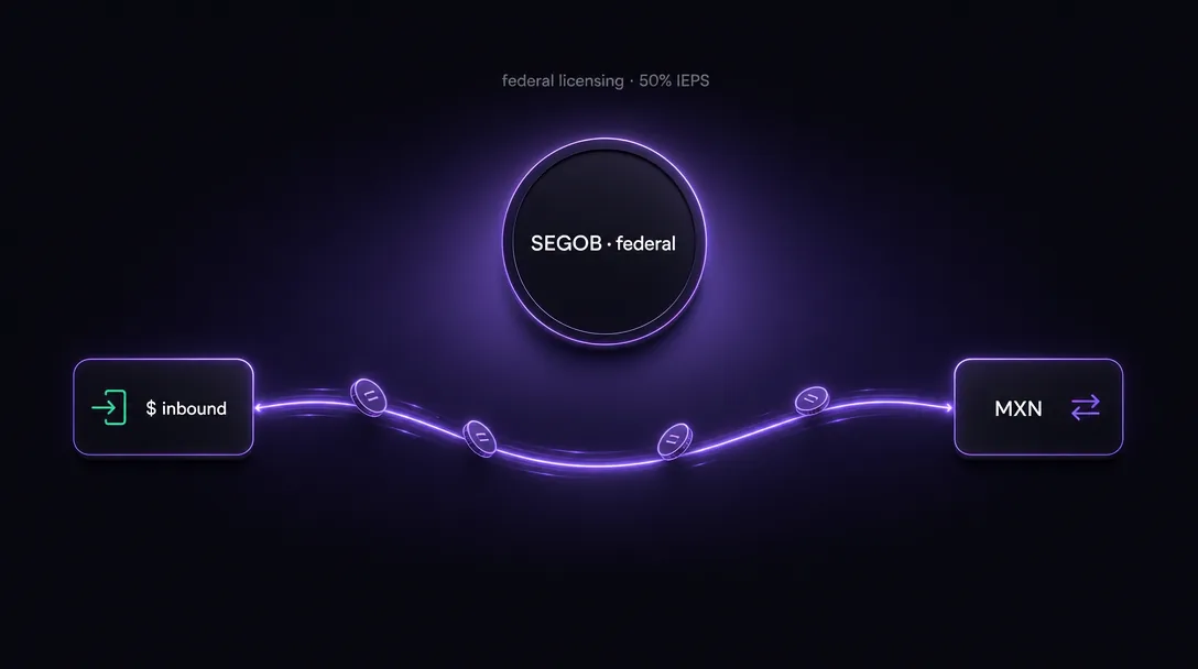 Federal SEGOB licensing seal with USD-to-MXN remittance-flow visualization below
