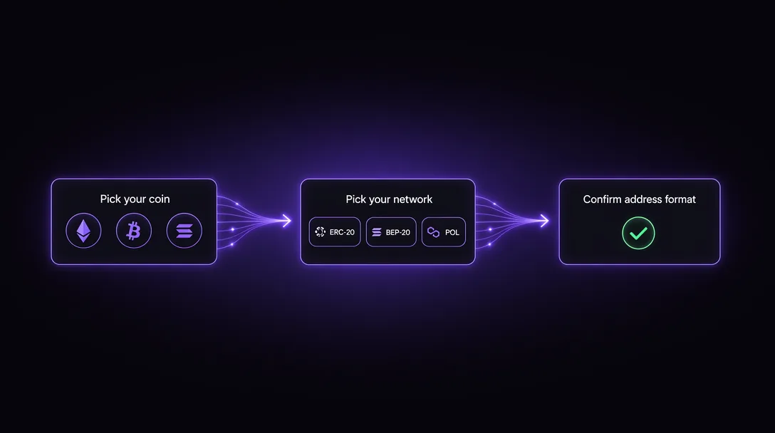 Decision flow: pick your coin, pick your network, confirm address format