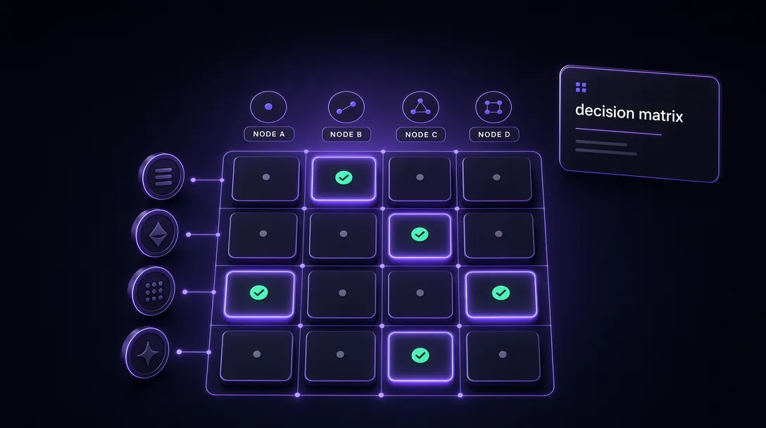 Sixteen-combination crypto-network decision matrix across eight coins