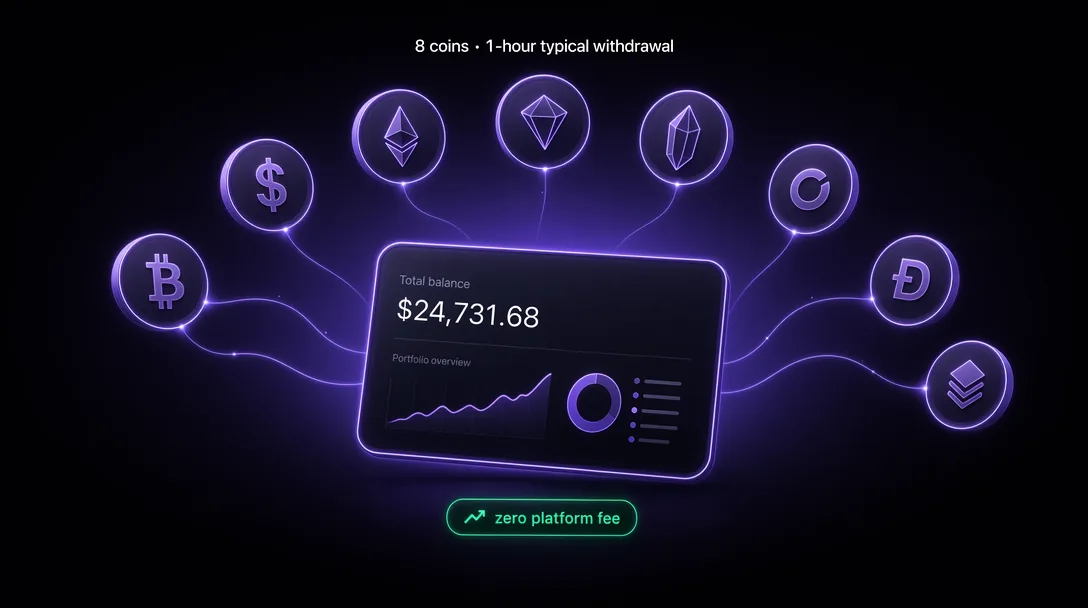 Eight supported cryptocurrency tokens arranged around a Deep Poker wallet panel