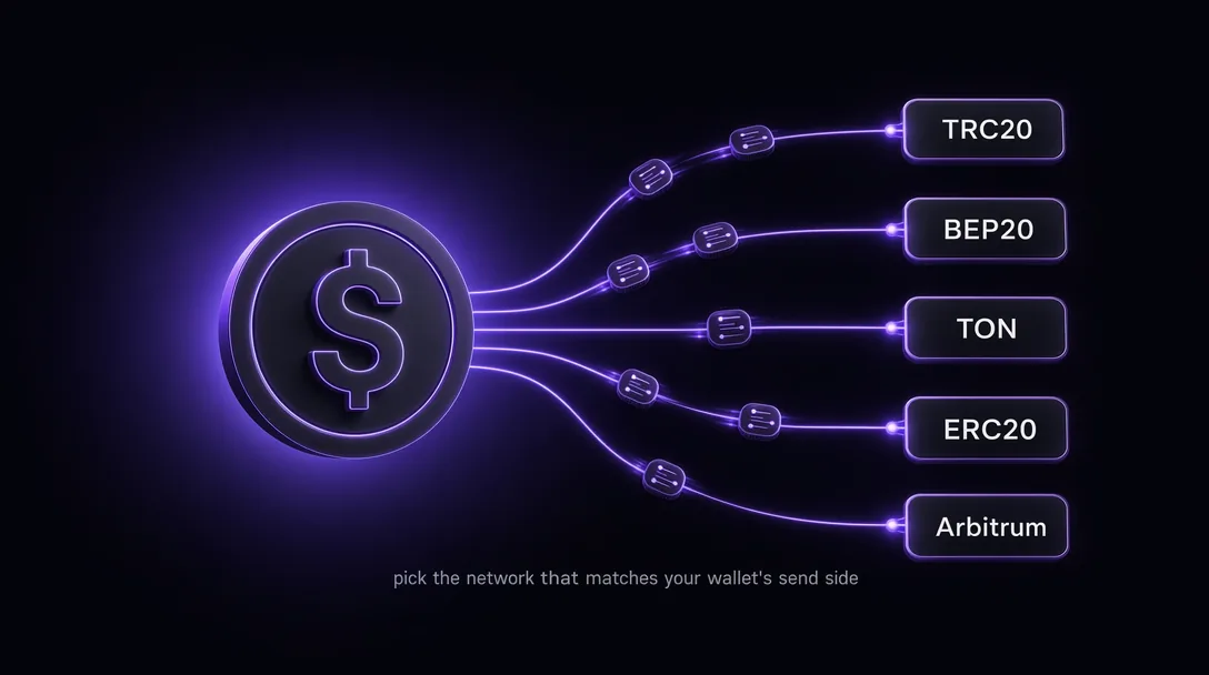 USDT with five supported networks: TRC20, BEP20, TON, ERC20, Arbitrum