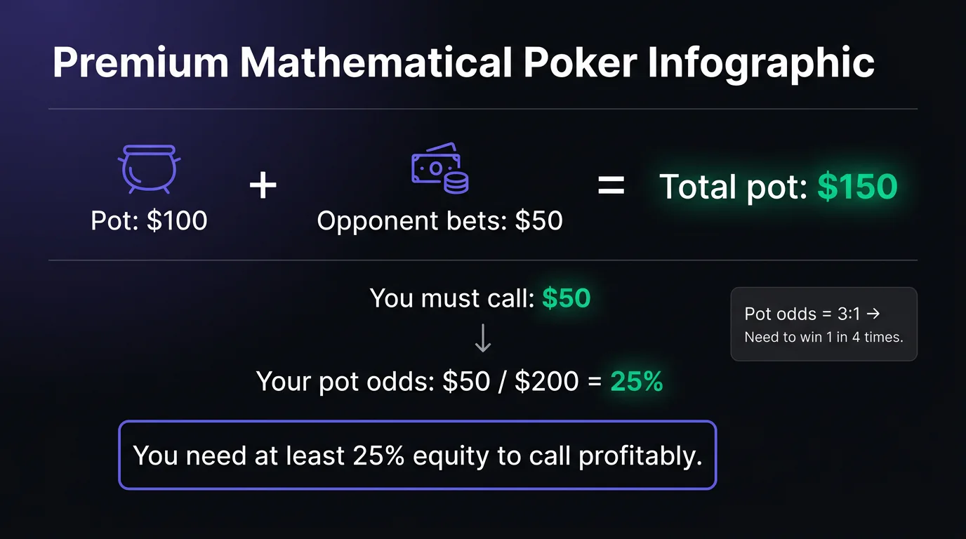 Visual breakdown of a pot odds calculation showing pot size, bet size, and required equity