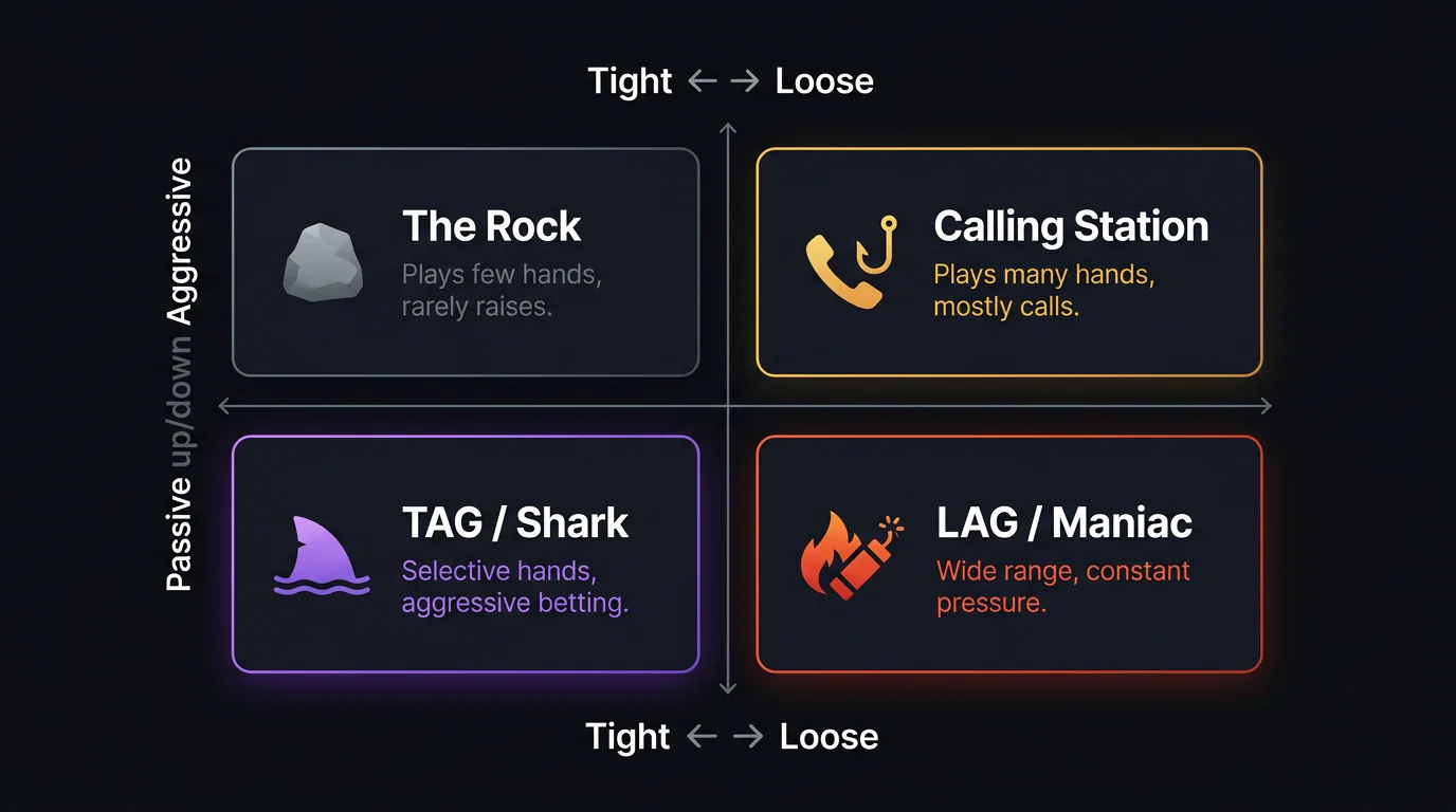 Grid showing four poker player types: tight-passive, loose-passive, tight-aggressive, and loose-aggressive