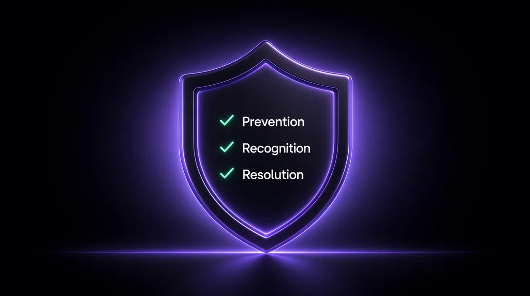 Trust layer of Deep Poker with a luminous shield framing three lifecycle pillars